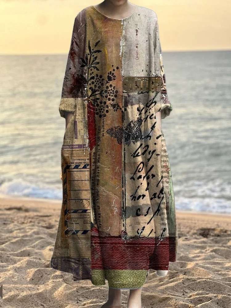 Vintage Japanese Patchwork Pattern Women's Linen Maxi Dress
