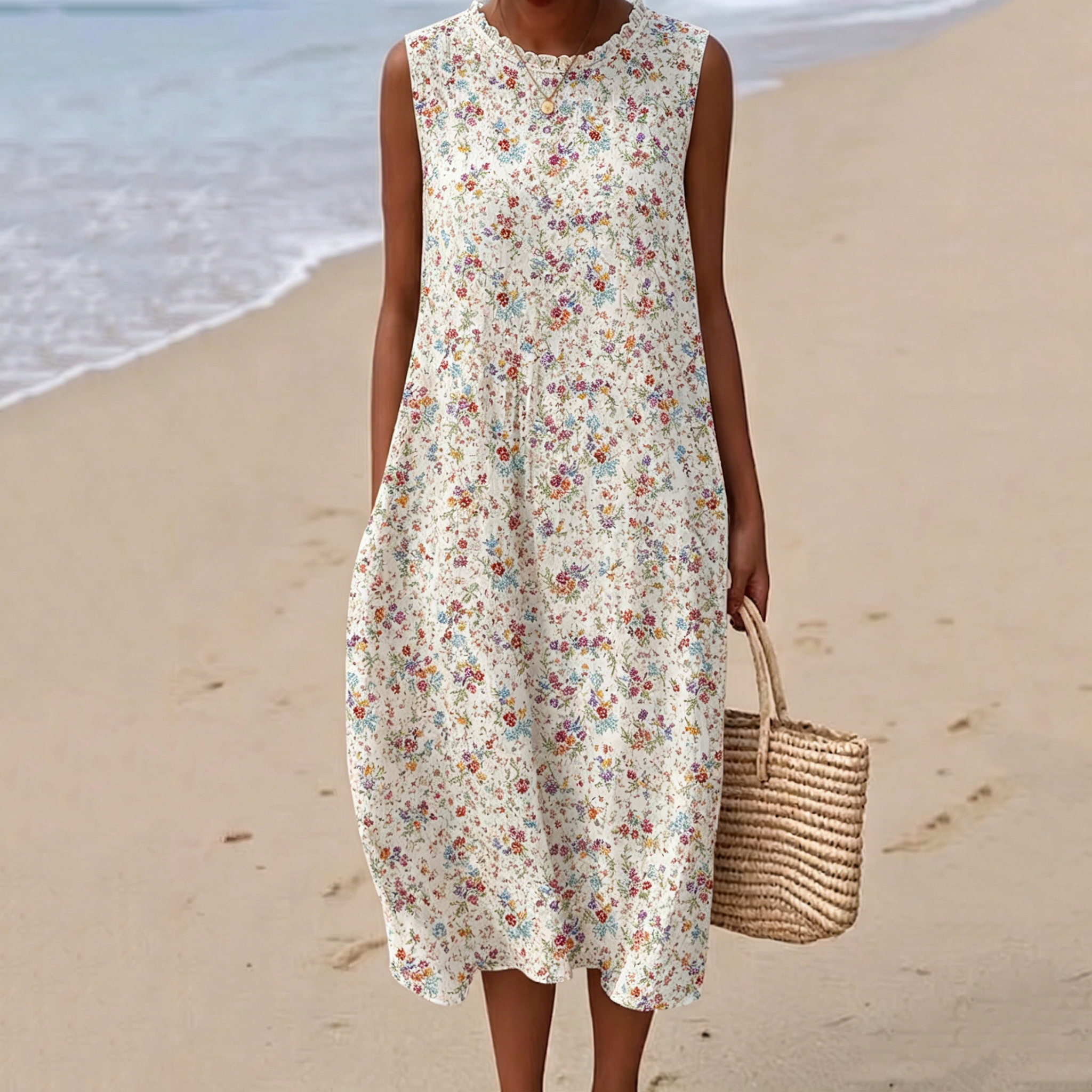 Comstylish Women's Vintage Floral Casual Sleeveless Linen Dress