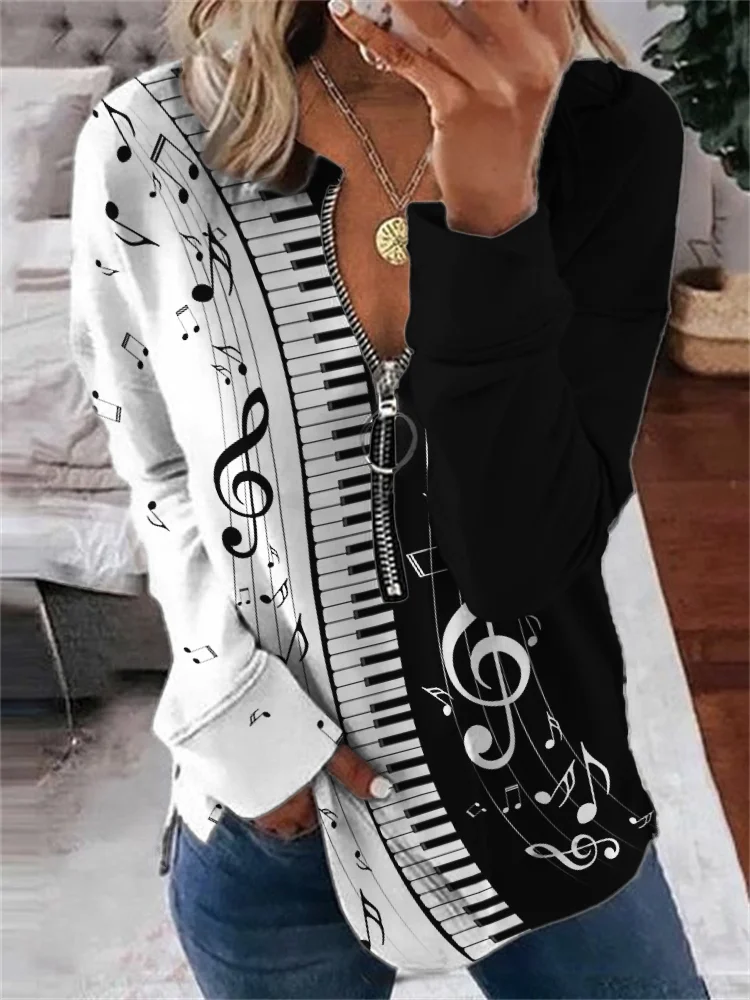 Piano Keys Music Notes Contrast Zip Up Sweatshirt