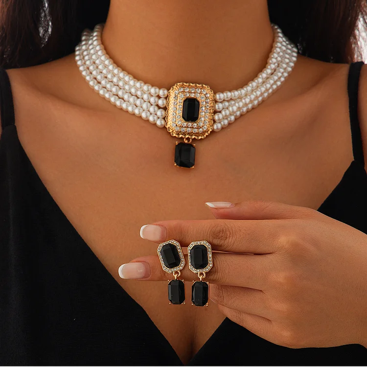 Elegant Rhinestone Beaded Multi-Layer Necklace & Earrings 2Pcs Set