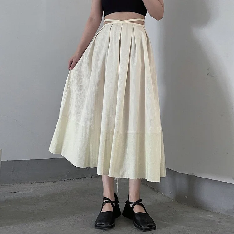 Elegant Solid Color Elastic Waist Splicing Riband Pleated Patchwork Hem Skirt   