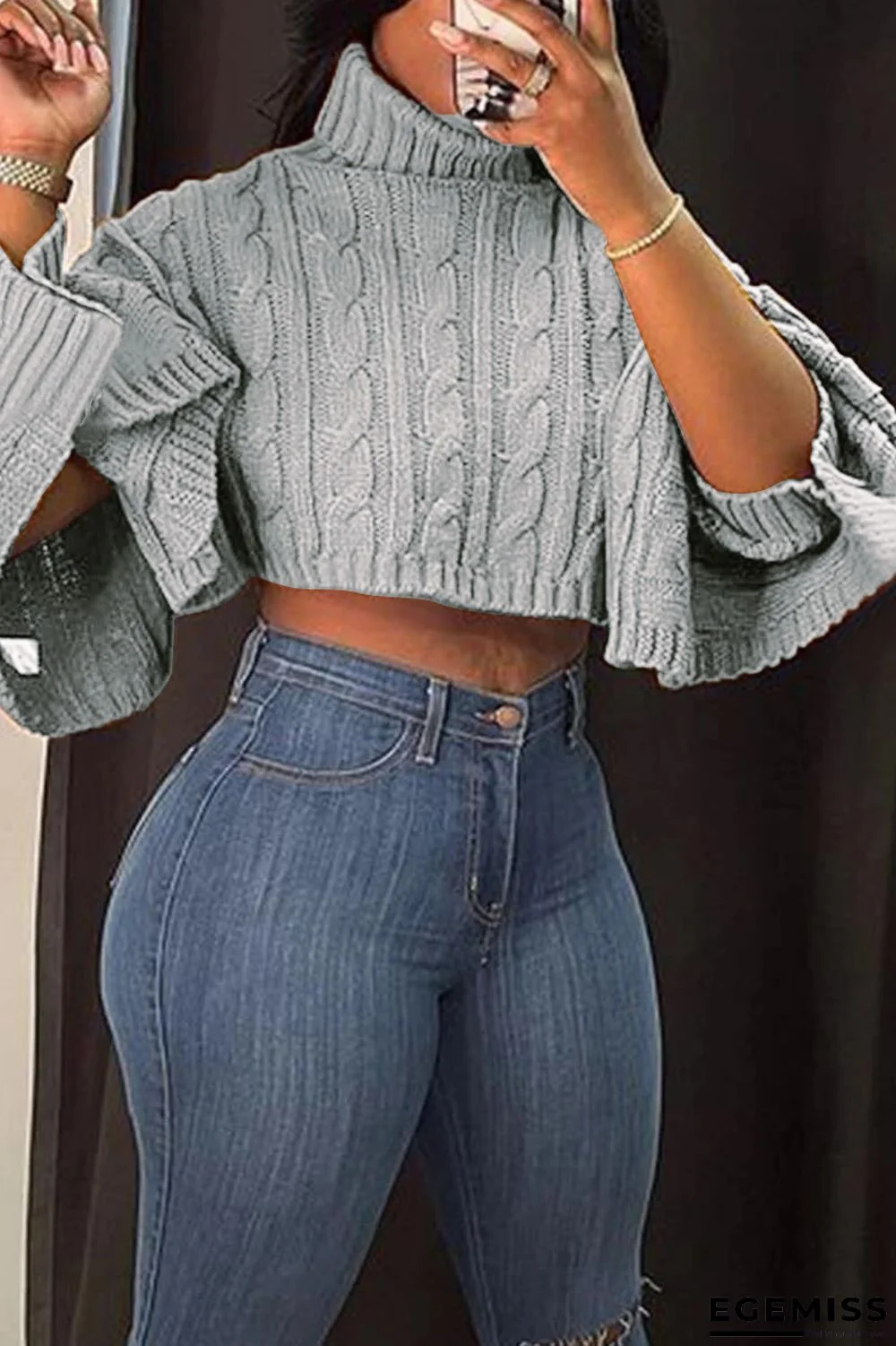 Grey Sexy Solid Patchwork Turtleneck Tops | EGEMISS