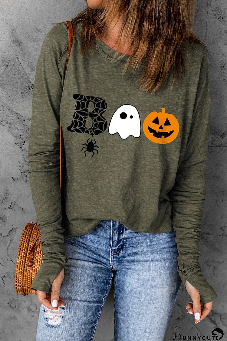 Spooky Halloween BOO Graphic Print Green Long Sleeve Tee