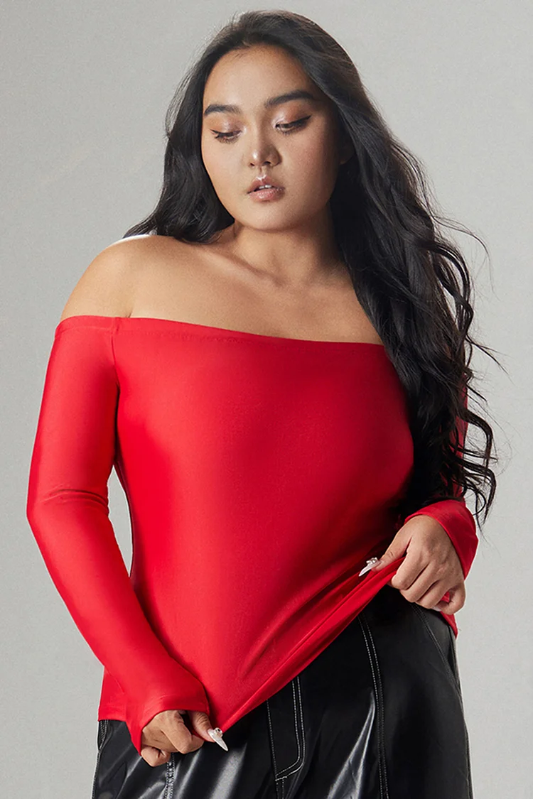 Xpluswear Design Plus Size Casual Blouse Red Basic Off Shoulder Long Sleeved Blouse [Pre-Order]