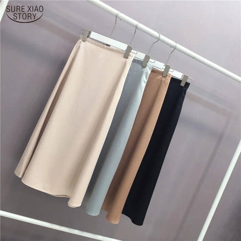 2021 Summer Elegant Women Skirt Ladies Satin Skirt Plain Shiny Vintage Skirts Solid Office High Waist Fashion Party Skirts chic