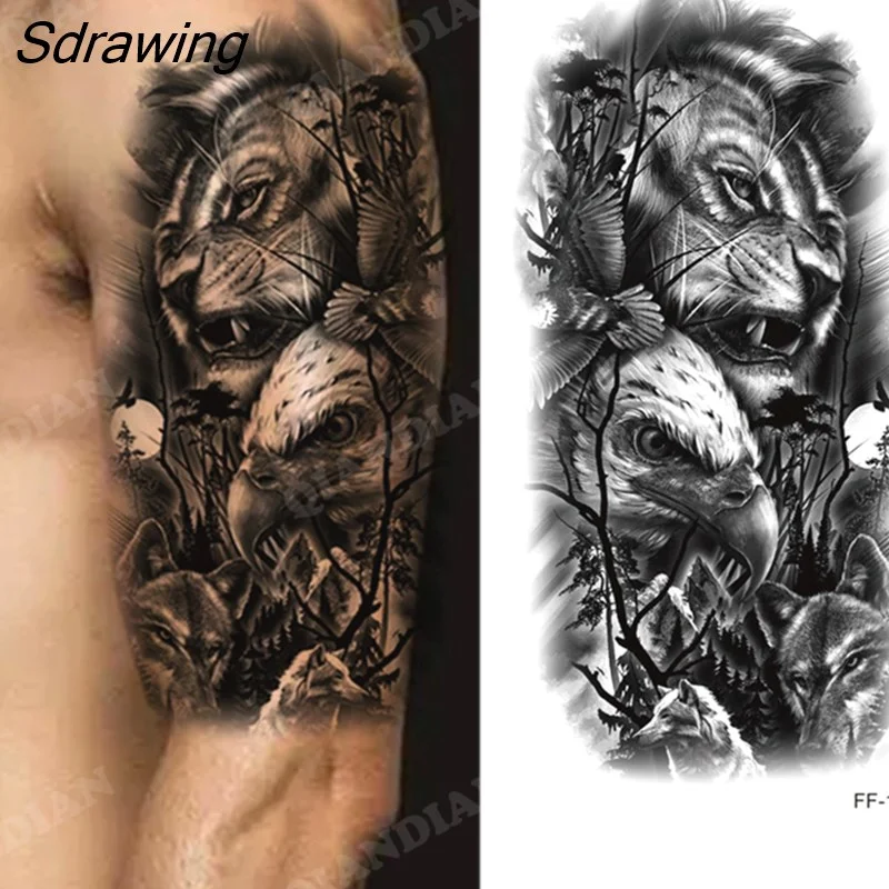 Sdrawing New Waterproof Temporary Tattoo Sticker Lion King Tiger Wolf Forest Mechanical Wild Boat Men Body Art Arm Fake Tatoo Women 328-0
