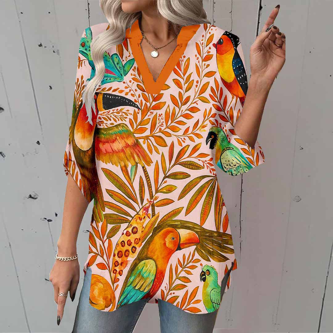 Women Tropical, Pink, Green DZGA0121 3/4 Sleeve V-neck Printed Graphic Button Tops