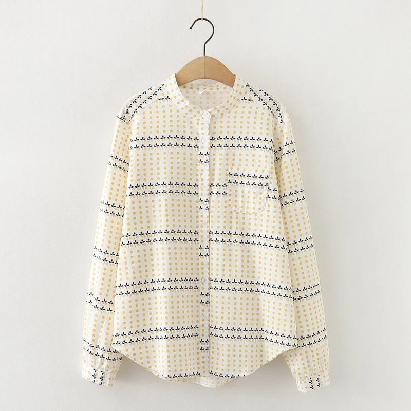 Autumn New Women Dandelion Print Cotton White Shirt Breathable Stand Collar Button Up Blouse Female Casual Basic Tops T18601F