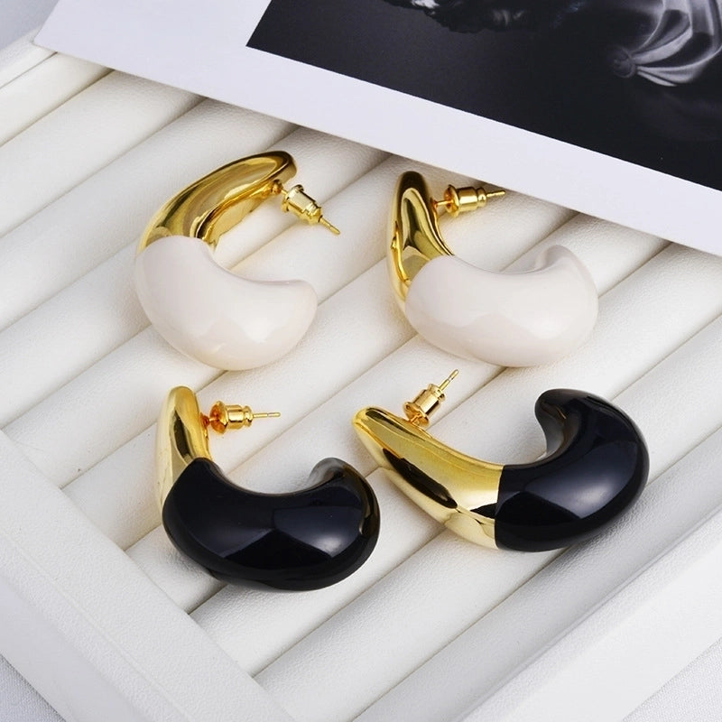 1 Pair Minimalist C Shape Enamel Copper 22K Gold Plated Ear Studs