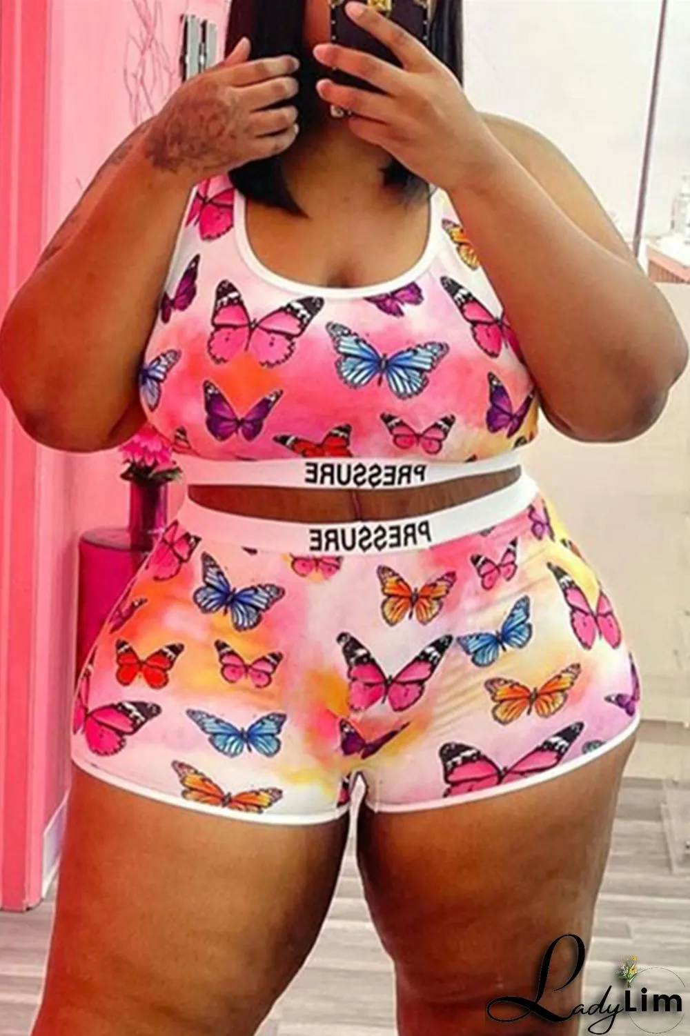 Pink Fashion Casual Print Basic U Neck Plus Size Two Pieces