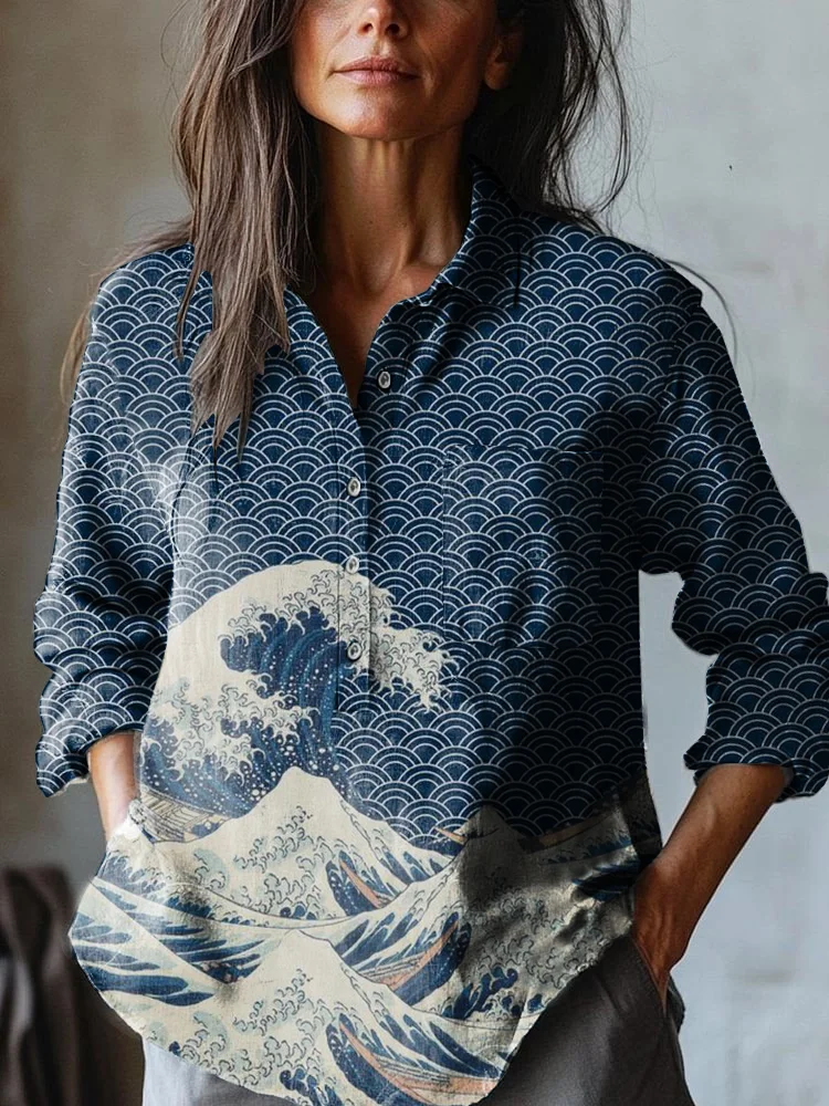 Women's Vintage Sea Waves Art Print Casual Cotton And Linen Shirt