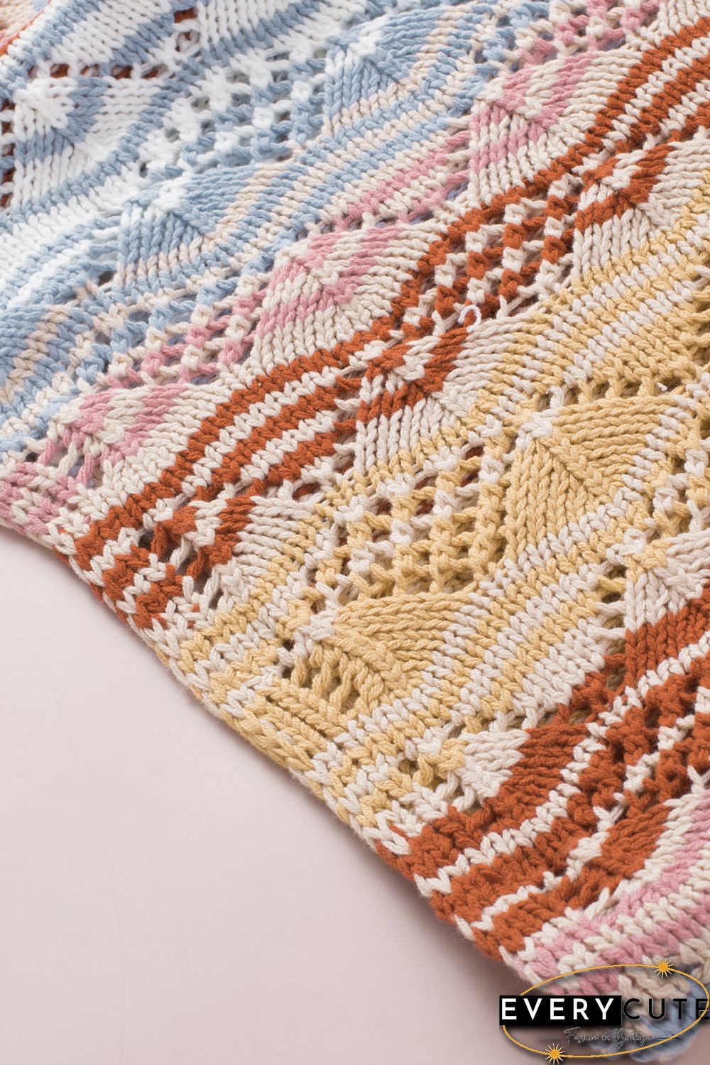 Multicolor Stripe Knit Hollow Out Drop Shoulder Sweater