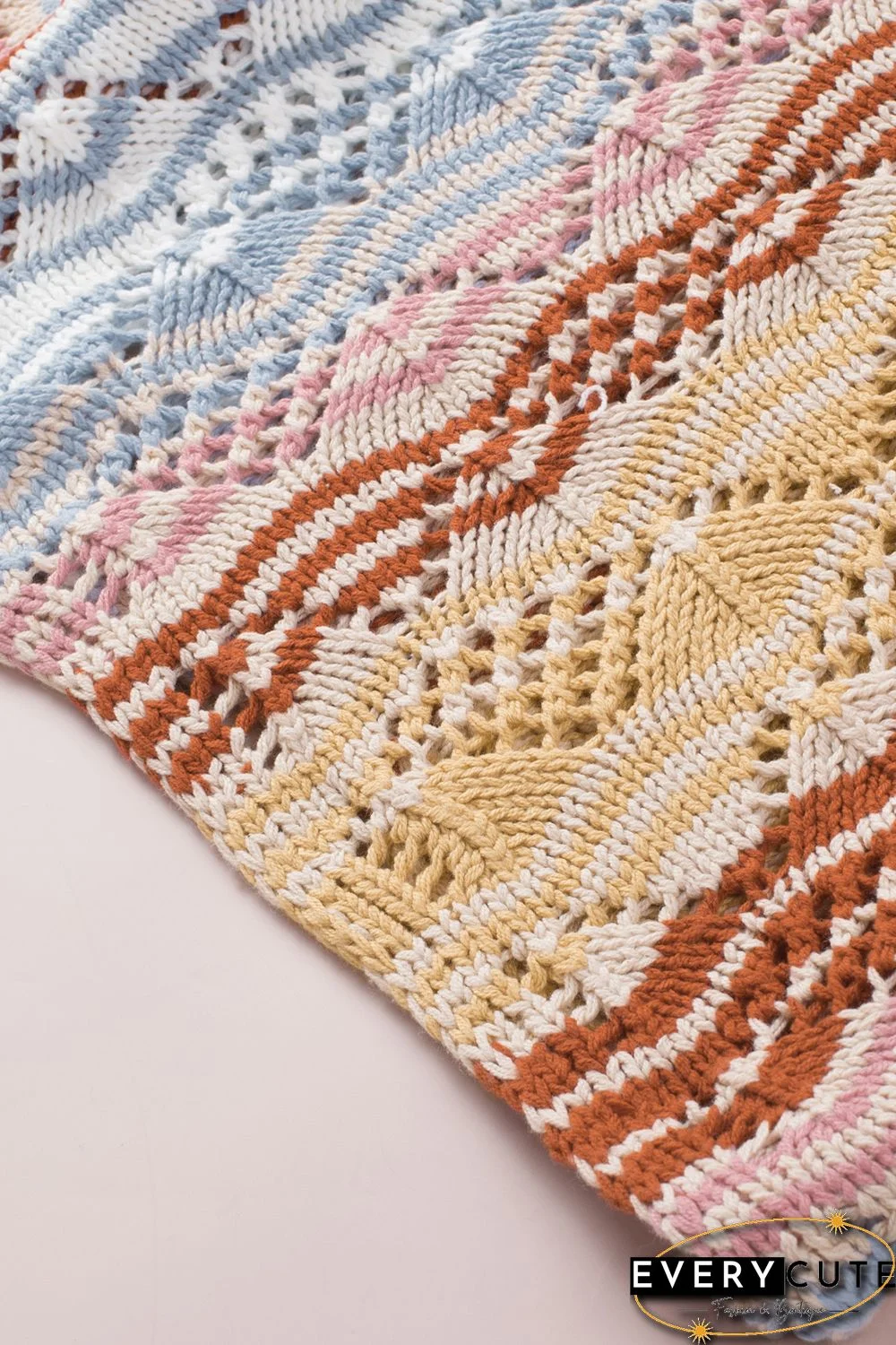 Multicolor Stripe Knit Hollow Out Drop Shoulder Sweater