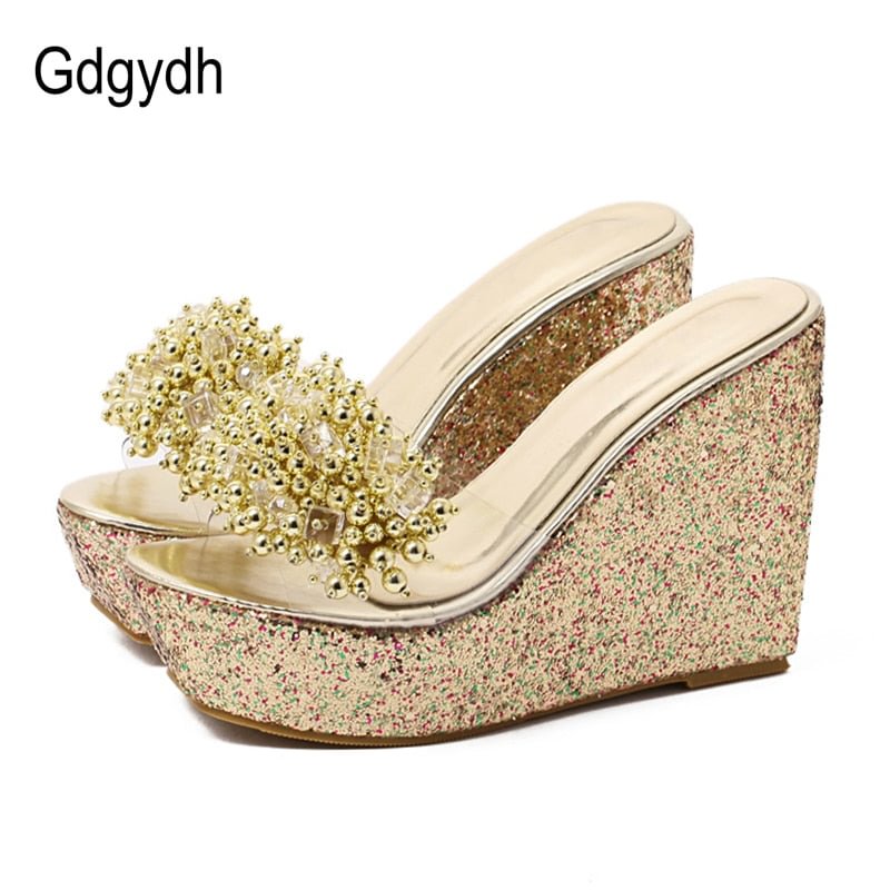Gdgydh Rhinestone Wedges Sandals Women 2021 New Summer Sexy Trifle Slides Casual Beading Open Toe Female Sandals Platform Shoes