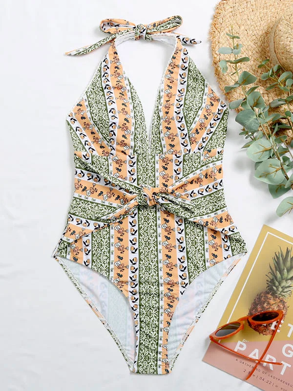 Floral-Print Halterneck Knotted One-Piece Swimwear 