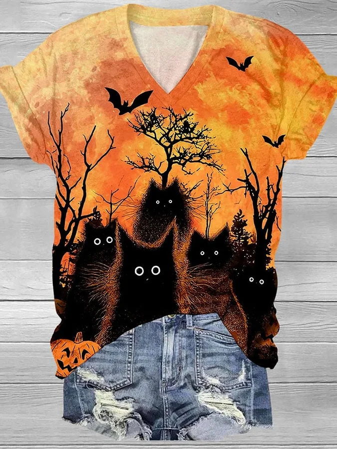 V-neck Halloween Black Cat Bat Gradient Print Shirt