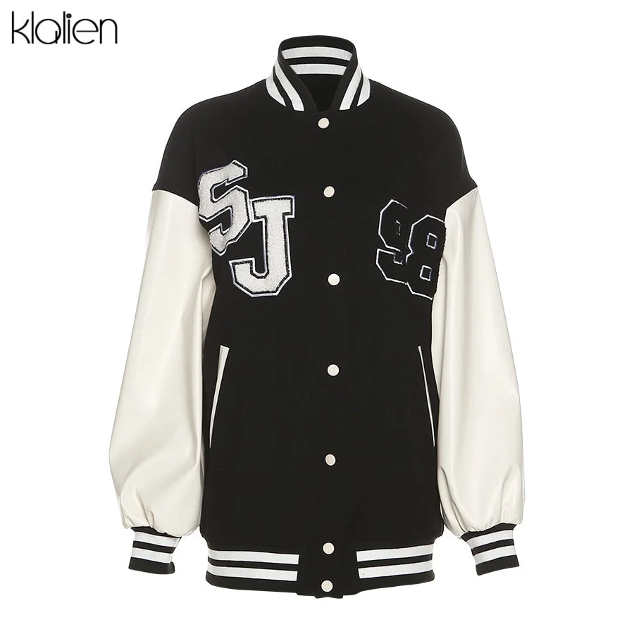 KLALIEN Autumn Casual Loose PU Leather Patchwork Letter Single Breasted Coat For Women 2021 New Street Sportswear Jacket Female