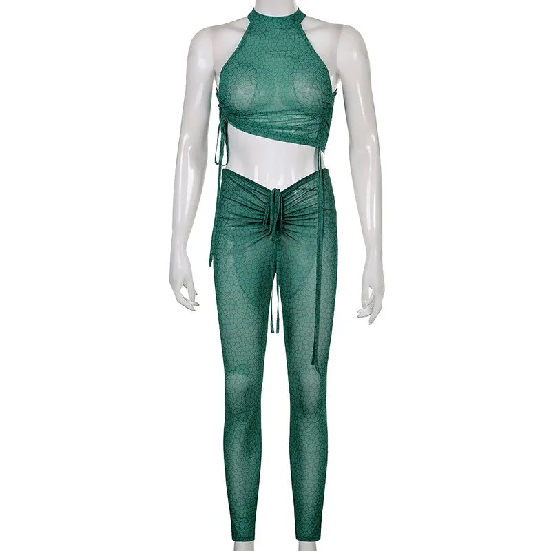 BIIKPIIK Mesh See-through Two Piece Sets Women Solid Sleeveless Tank Tops + Drawstring Pants Female Sexy Casual Matching Clothes