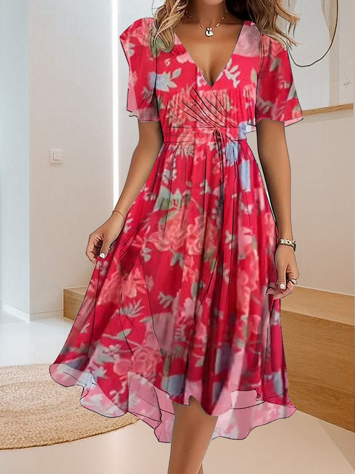 Vestido casual estampado simples com decote em V