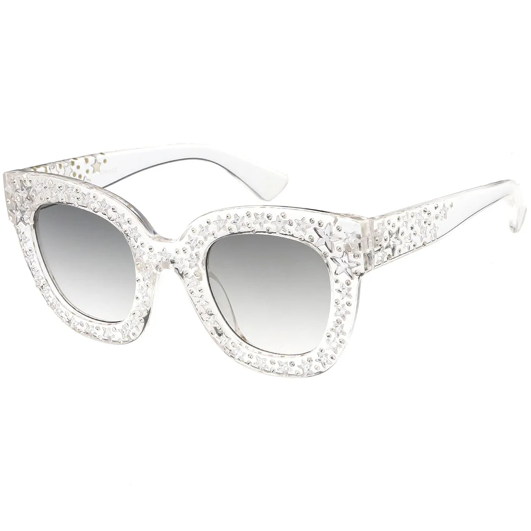 Oversize Star Rhinestones Cat Eye glasses Wide Arms Square Lens 48mm