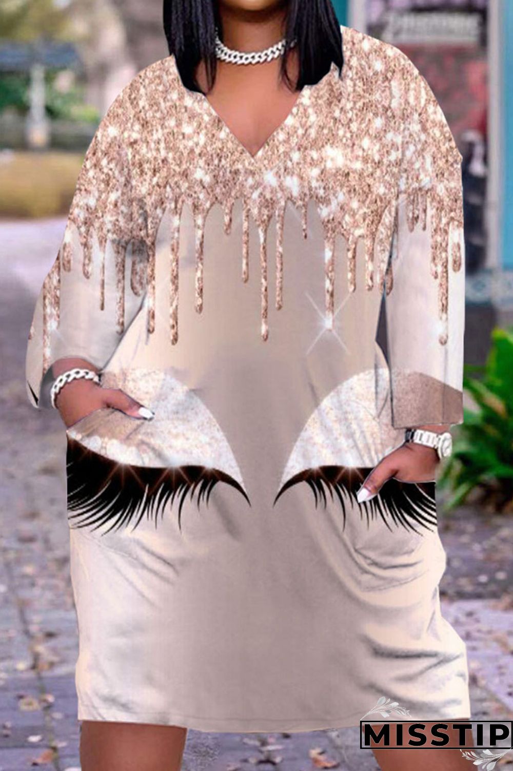 Gray Cyan Casual Print Patchwork V Neck Straight Dresses