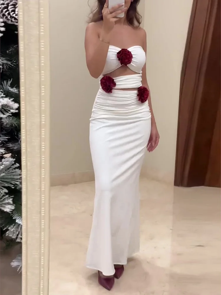  White Contrasting Three-dimensional Flower Tube Top Cutout Dress