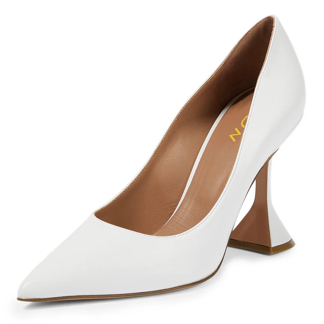 YDN Simple Vegan Leather Pointed Toe Flared Heel White Pumps
