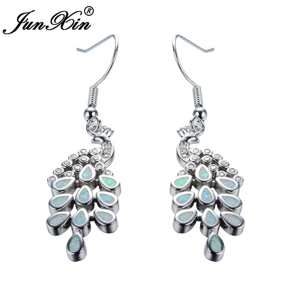 JUNXIN New Fashion Women Peacock Animal Earrings White Fire Opal Earrings Silver Color Dangle Earrings For Women