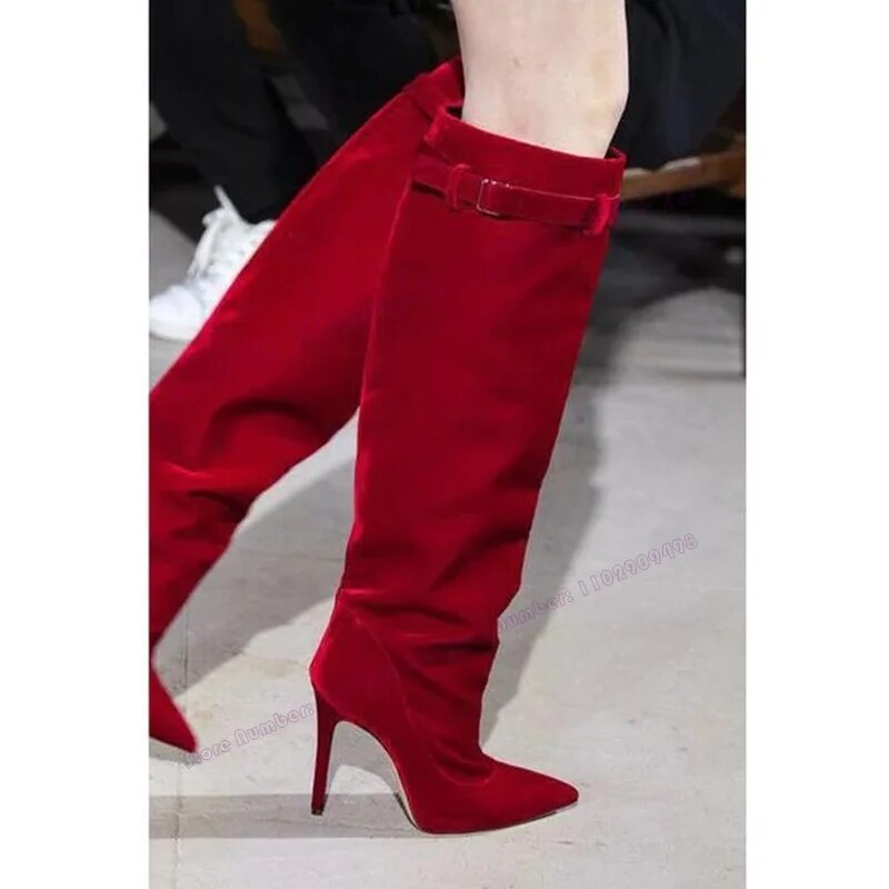 VCSHOES Red Satin Strappy Knee High Boots Pointed Toe Shoes For Women Thin High Heels Lady Shoes Zapatos Para Mujere