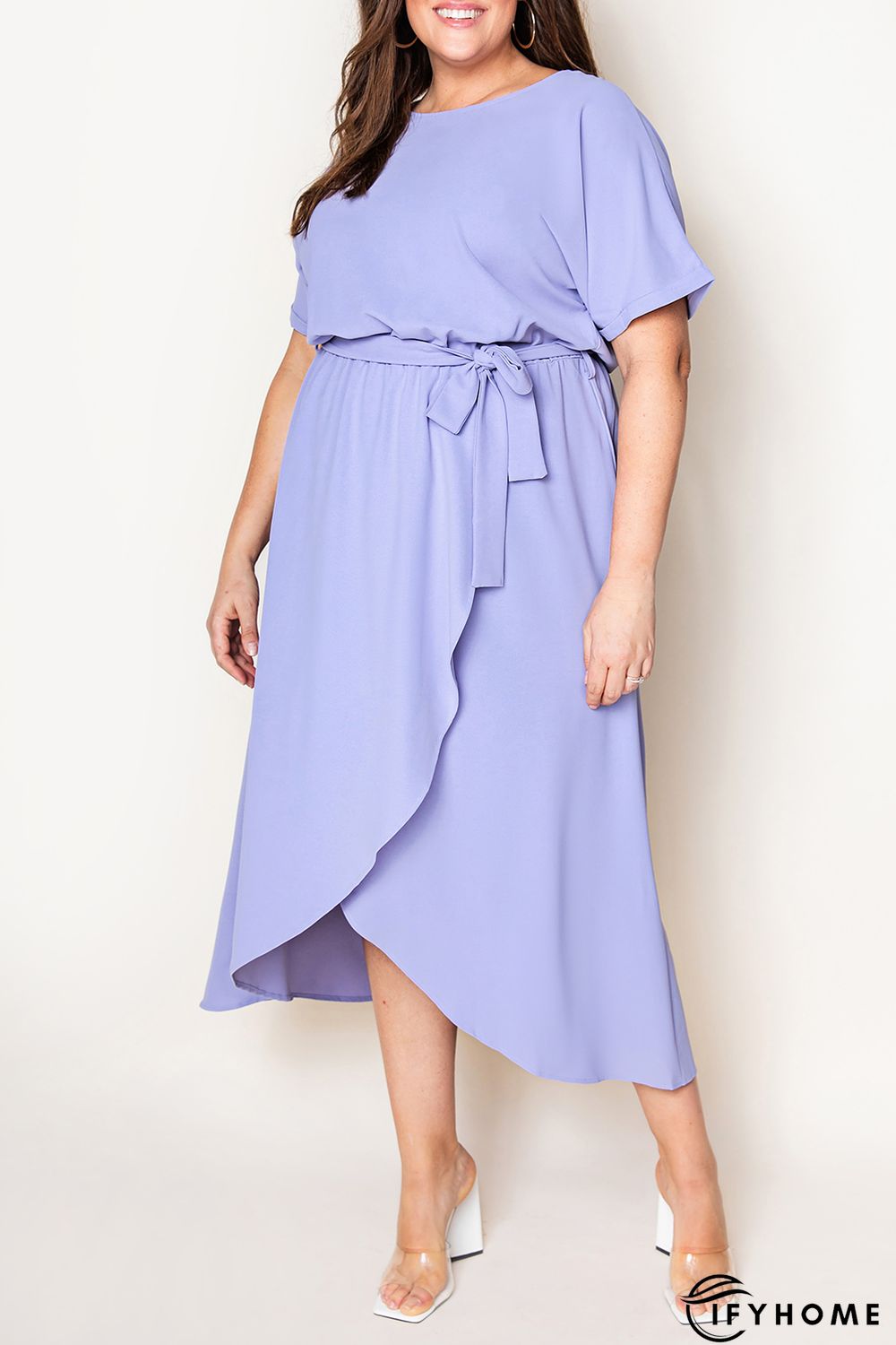 Purple Plus Size Roll up Short Sleeves High Low Maxi Dress | IFYHOME
