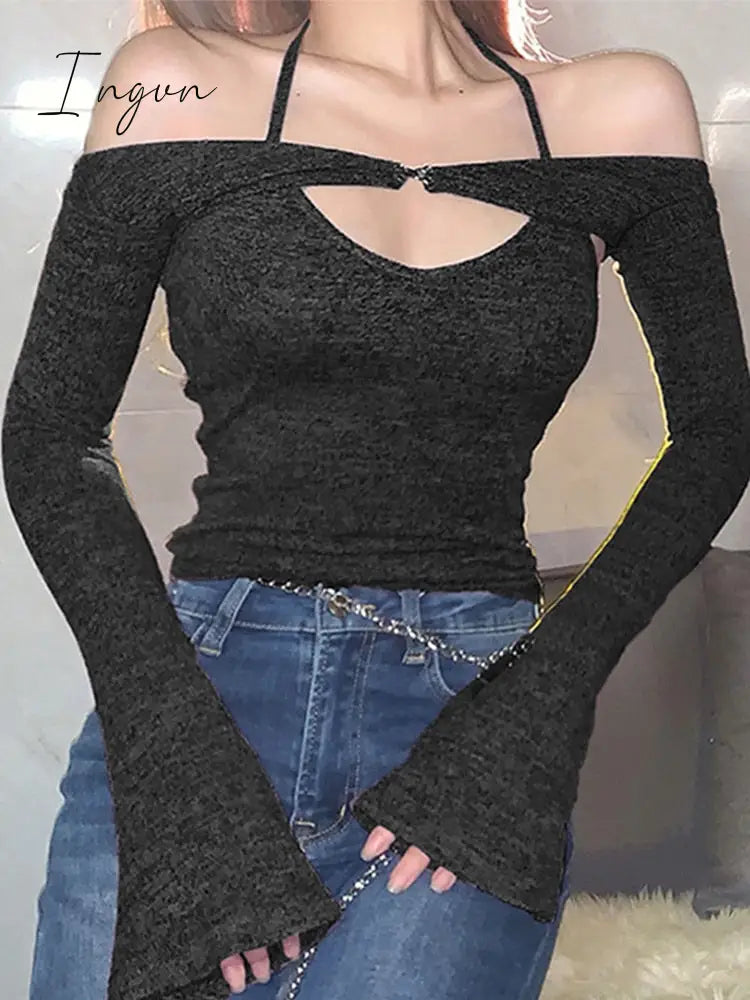 Ingvn - Y2K Top Women Long Sleeve T - Shirts 2 Piece Tops Halter Tanks Backless Crop Off Shoulder