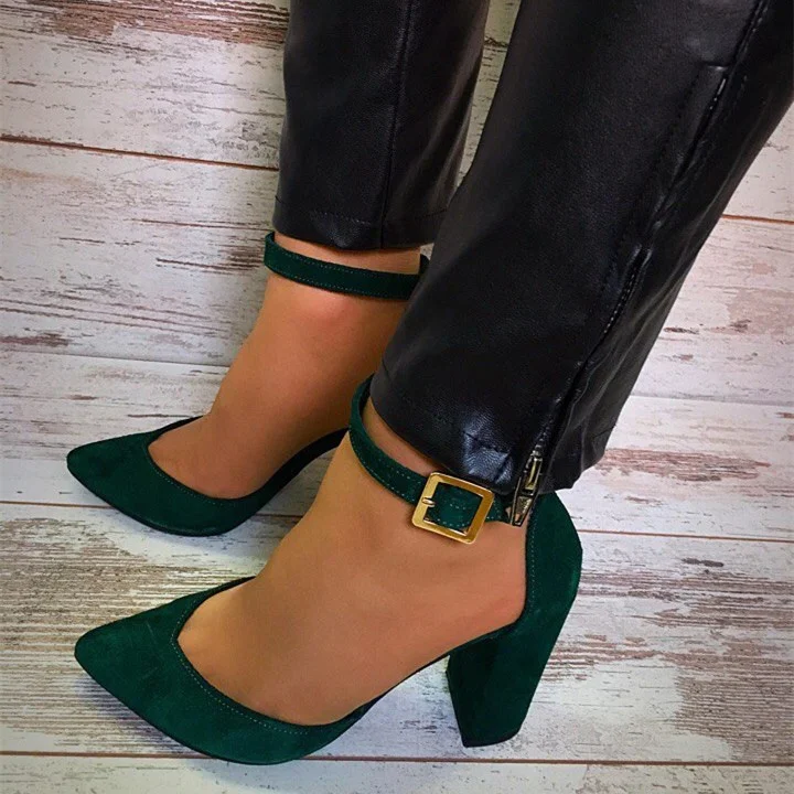 Green Vegan Suede Chunky Heels Ankle Strap Pumps Shoes |FSJ Shoes