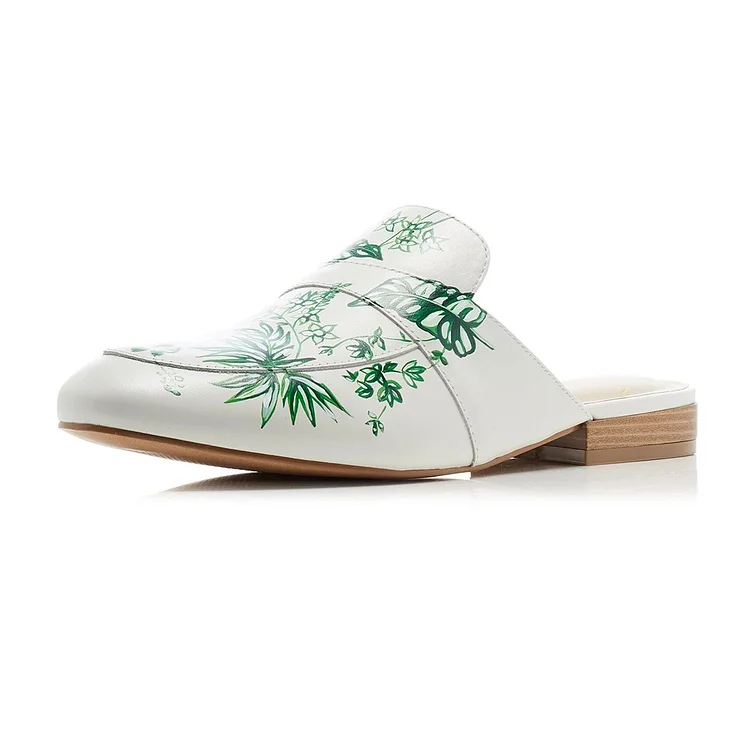 White Floral Print Flat Mules Loafers for Women |FSJ Shoes