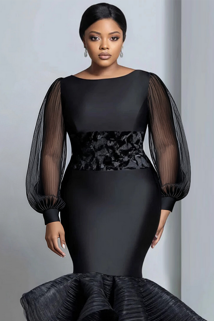 Xpluswear Design Plus Size Formal Organza Black Round Neck Lantern Sleeve Long Sleeve Mermaid Elegant See Through Satin Maxi Dresses [Pre-Order]