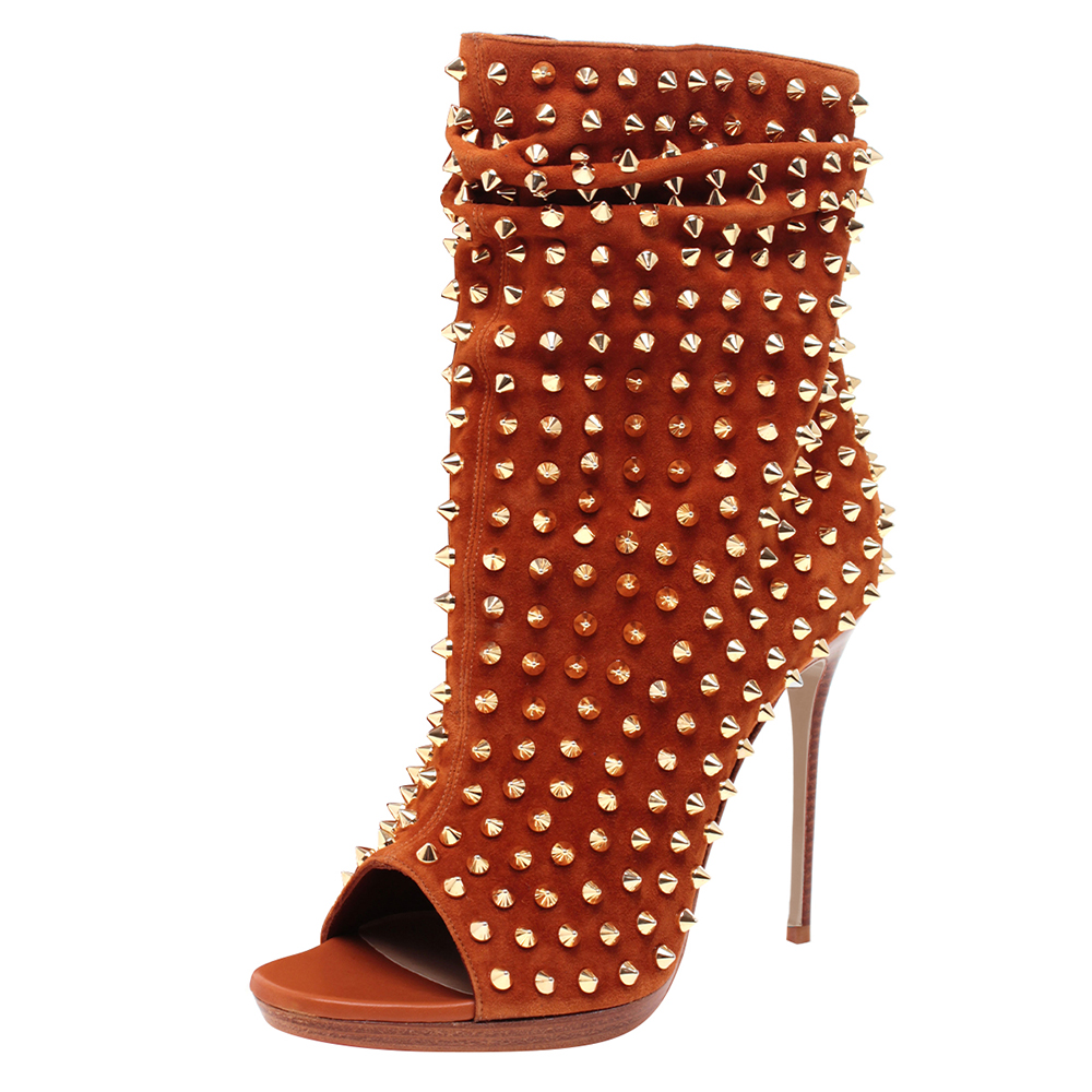 Brown Faux Suede Open Toe 4'' Stiletto Heel Studded Ankle Boots Nicepairs