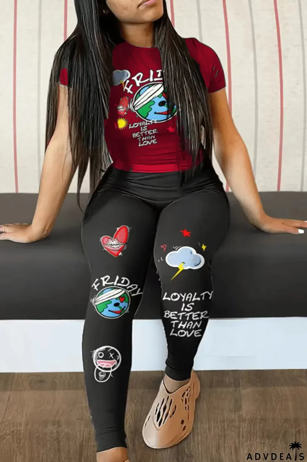 Black Red Casual Print Patchwork O Neck Plus Size Two Pieces