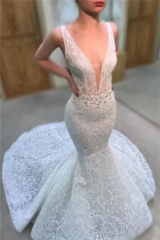 Charming Deep V-Neck Long Mermaid Wedding Dress Sleeveless With Lace Appliques - lulusllly