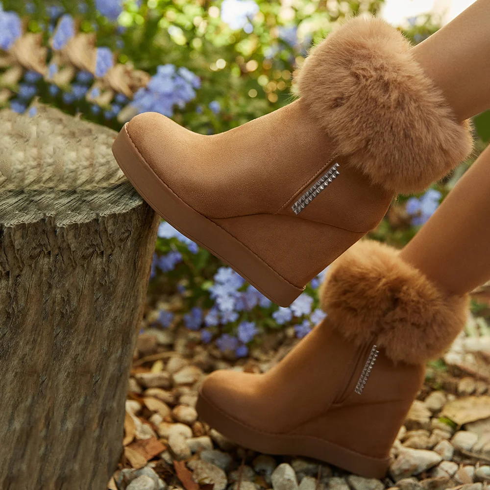 Brown Round Toe Boots Fur Snow Boots With Wedge Heel