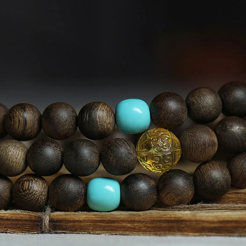 999 Gold 108 Mala Beads Nha Trang Agarwood Amber Turquoise Prayer Meditation Bracelet