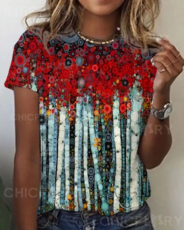 Women's  Trees Abstract Pattern Crew Neck T-shirt