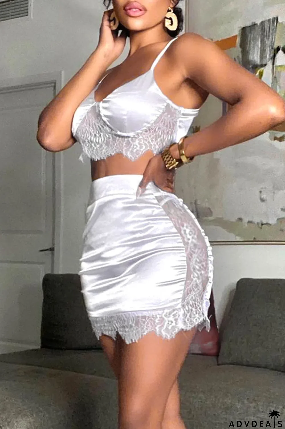 Yellow Sexy Solid Patchwork Spaghetti Strap Sleeveless Two Pieces