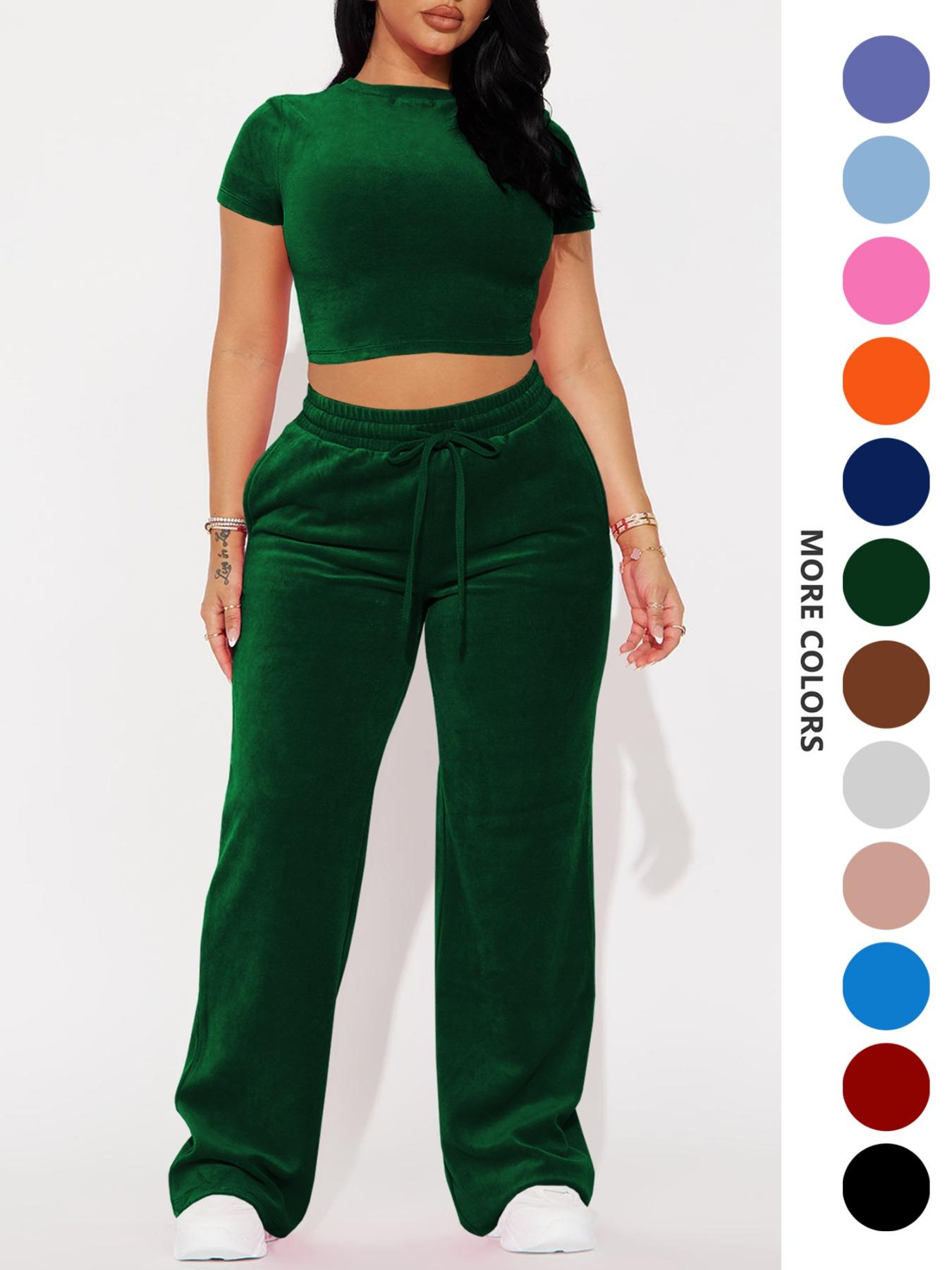 Two-piece Set Women's Solid Crop Tee & Drawstring Waist Pants Velvet Set, Casual Short Sleeve Round Neck T-shirt & Elastic Waist Trousers, Ladies Summer Clothes, Casual Matching Set Two-piece Set Women's Solid Crop Tee & Drawstring Waist Pants Velvet Set, Casual Short Sleeve Round Neck T-shirt & Elastic Waist Trousers, Ladies Summer Clothes, Casual Matching Set