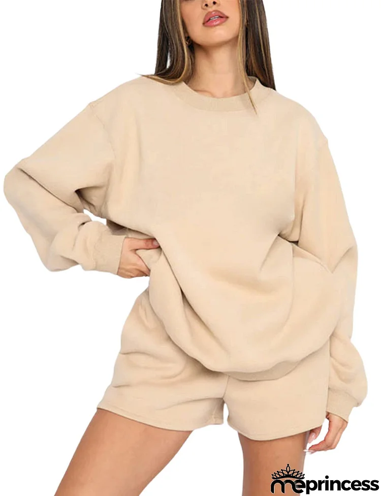 Women Fashion Athleisure Solid Color Round Neck Pullover Long Sleeve Sweater And Shorts Set