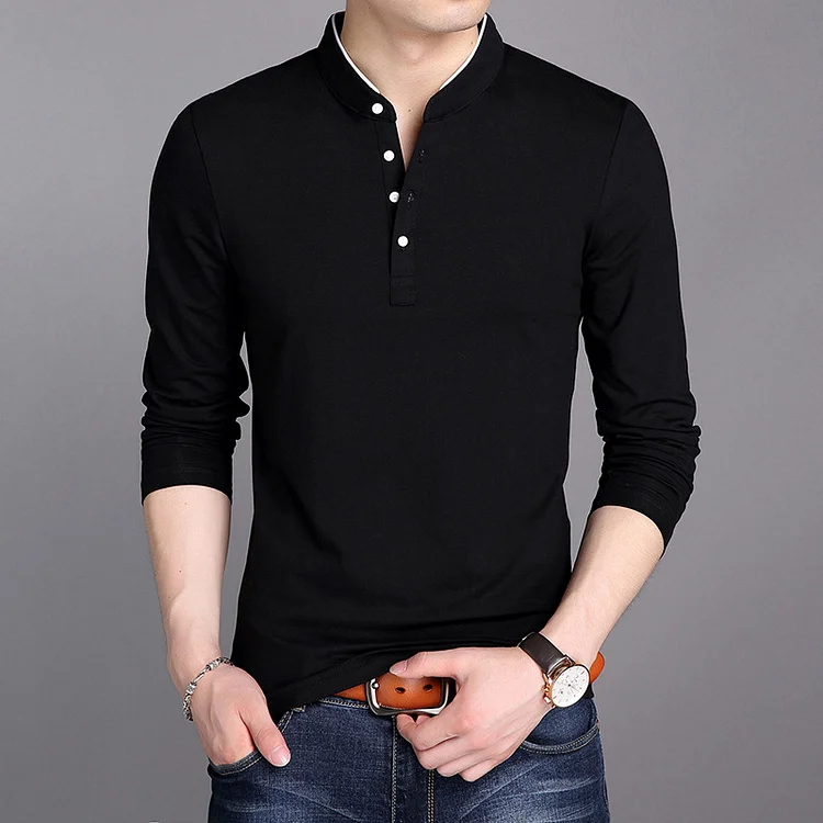 Enanhua  2025 Brand New Men's T-shirt Four-button Long-sleeved Men T-shirt Vertical Collar Pure Color Tops Tee shirt for Male