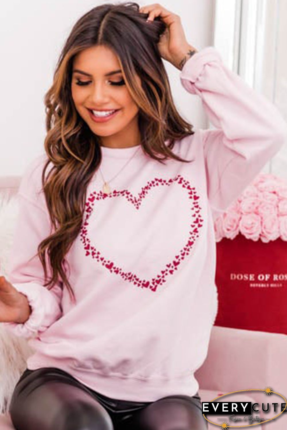 Pink Valentine Hearts Print Long Sleeve Pullover Sweatshirt