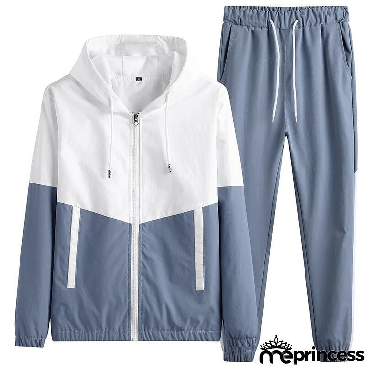 Men Spring Autumn Casual Sports Color-Blocked Hooded Long-Sleeved Zipper Coat Pants Plus Size Sets