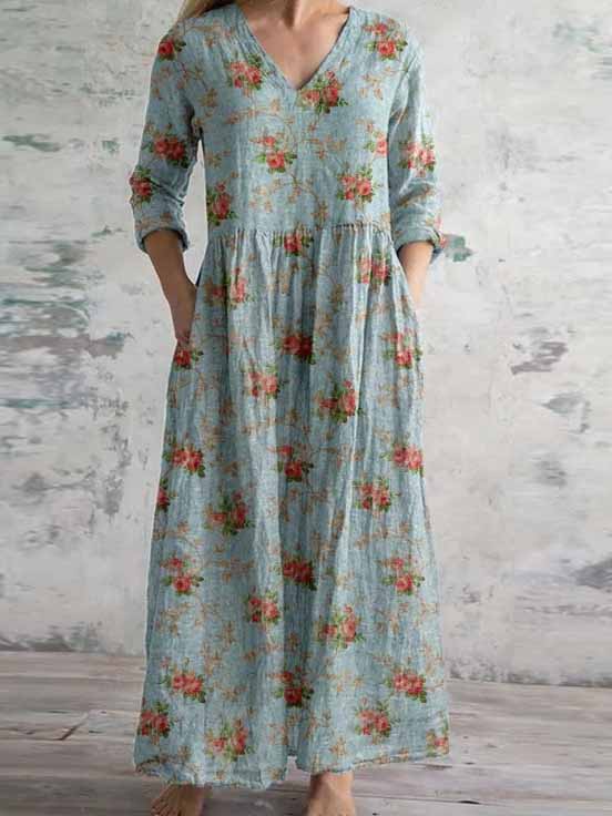 Women's 3/4 Sleeve V-neck Floral Printed Midi Dress