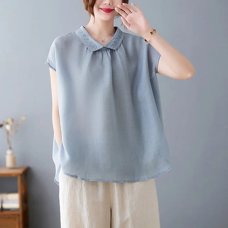Embroidered Casual Shift Short Sleeve Shirts & Tops QueenFunky