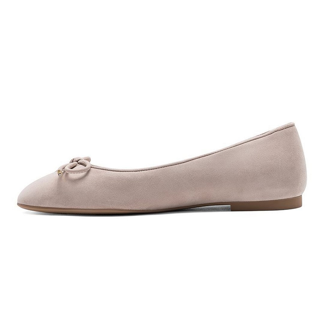 Women's Light Pink Vegan Suede Round Toe Slip On Ballet Flats with Bow