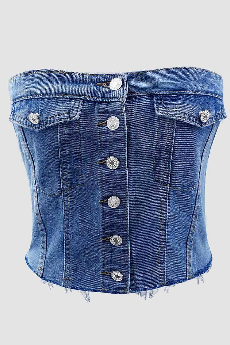 Button Front Strapless Denim Crop Top
